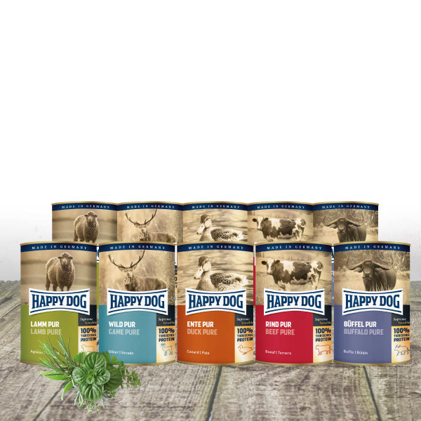 Happy Dog - Dosen pur 12 x 400 g - Mischtray mit 4 Dosen Rind und je 2 x Lamm, Wild, Büffel und Ente